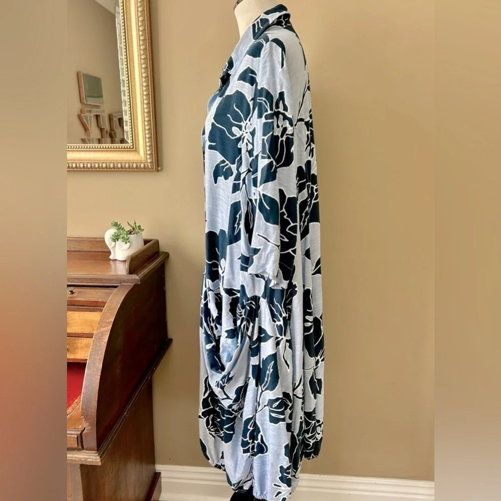 Alembika Blue Floral Wonderful Midi Dress One Pocket Shirt Dress Size 7 US 18-20